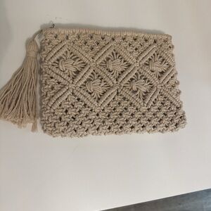 Beige Macramé Tassel Clutch - Neutral Boho Wristlet